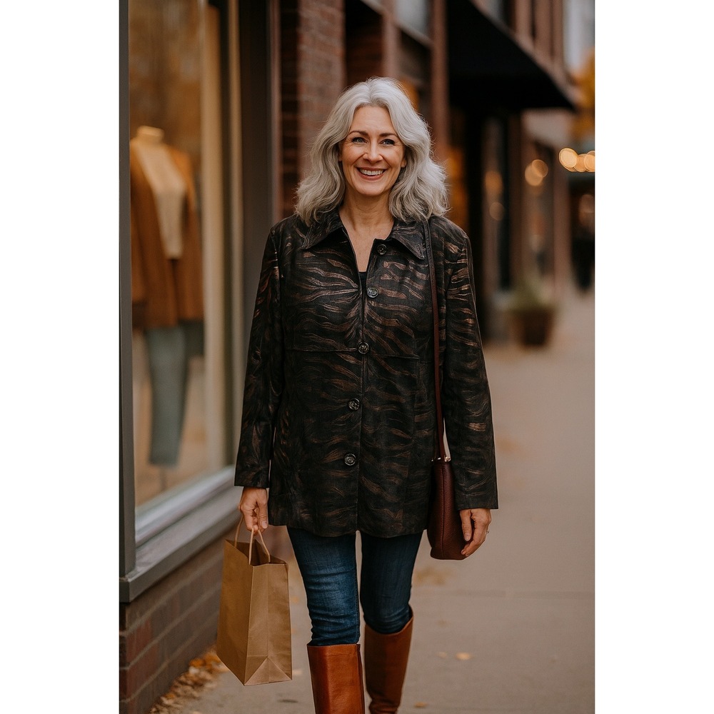 Erin London L Black Bronze Zebra Button Front Jacket Travel Career Metallic Glam